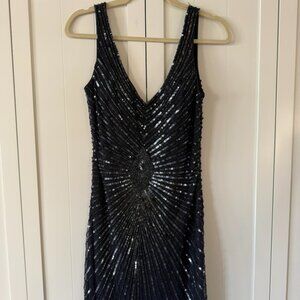 Aidan Mattox Navy Sequin Cocktail Dress Art Deco Beaded Sheath
